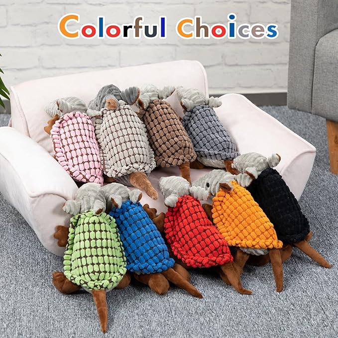 Hollypet Plush Dog Squeaky Toy Stuffed Armadillo Animal Pet Puppy Chew Toys with Clean Teeth for Small Medium Large All Breed Sizes Dogs, Dark Gray, 8 in
