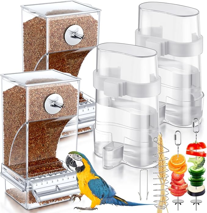 7 Pcs No Mess Small Bird Feeders Set Automatic Clear Parakeet Feeder and Watered Dispenser Cage Accessories Stainless Steel Fruit Vegetable Skewer Foraging for Lovebirds Budgies Finch