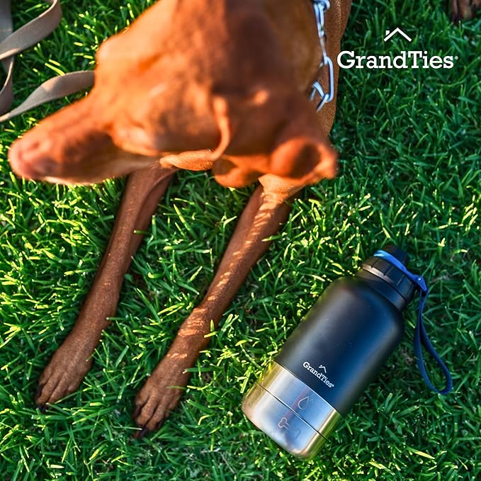 GrandTies Insulated Portable Water Bottle with 2 Detachable Dog Bowl Dispenser | Leak-Proof Food Travel Container | Walking, Hiking, Camping Accessory (64oz, Matte Black)