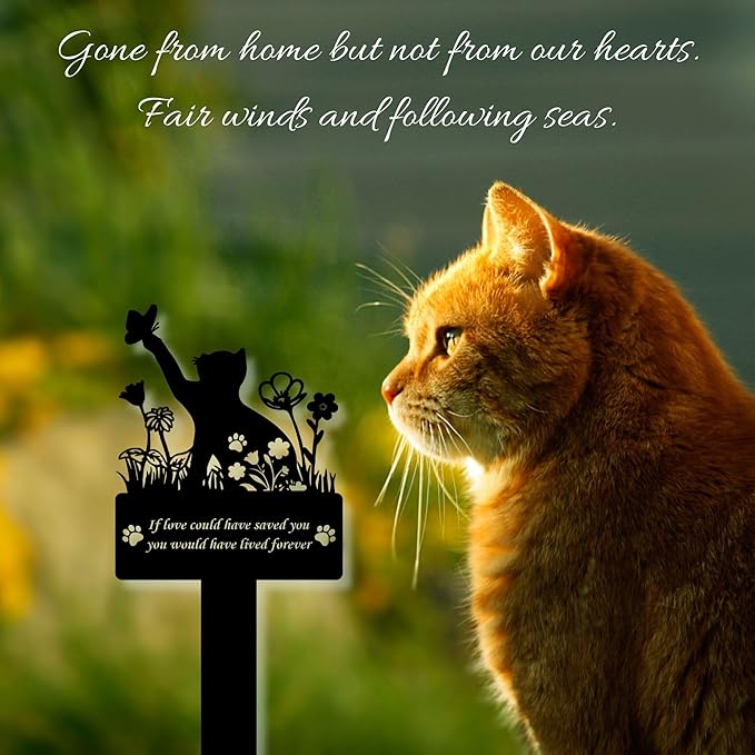 If Love Could Saved You Cat Grave Marker – 12in Metal Pet Memorial Plaque with Butterfly Design, Weatherproof Cat Headstone for Indoor or Garden Remembrance, Sympathy Gift for Loss of Pet