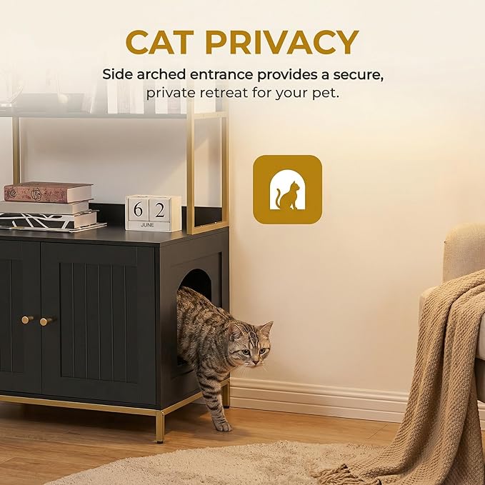Homhedy Cat Litter Box Enclosure, Litter Box Furniture Hidden with 2-Tier Storage Shelves, Wooden Cat Washroom Furniture with Metal Frame, Modern Style, Black and Gold