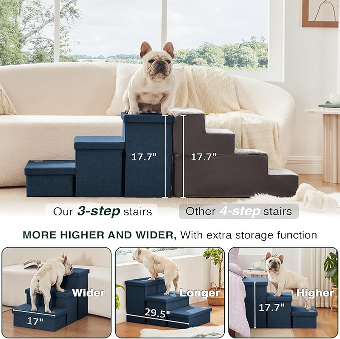 Love's cabin Dog Stairs with Storage, 3 Steps Wider Dog Steps for High Bed 18" H, Foldable Pet Stairs for Small Medium Large Dogs Cats for Bed Couch Car, Ramp with Zip up to 200 lbs, Navy Blue