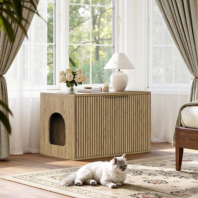 Evermagin 31.5" Oak Cat Litter Box Enclosure Furniture, Large Hidden Litter Box Cabinet, Modern Bohemia Indoor Cat House Kitty End Table for Living Room, Entryway, Bedroom