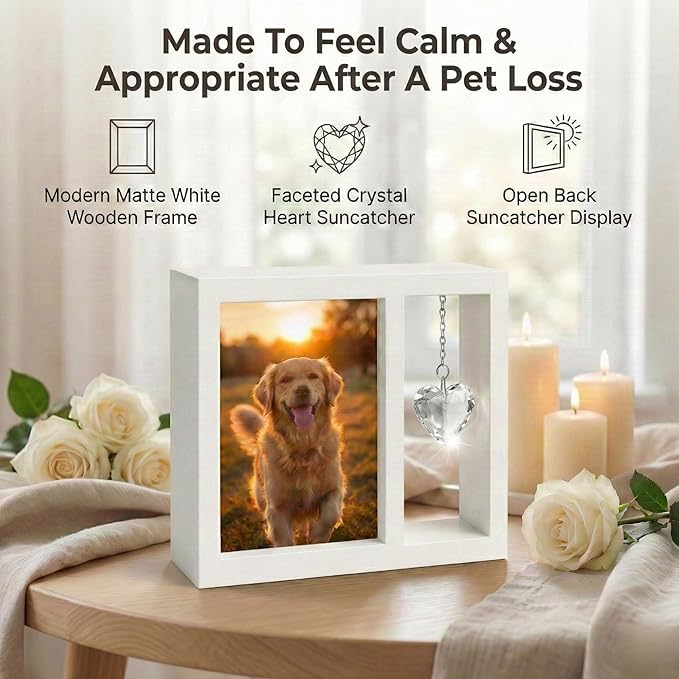 Dog Memorial Gift for Loss of Dog – 4x6 Wooden Photo Frame with Crystal Heart Suncatcher, Pet Memorial Picture Frame Keepsake