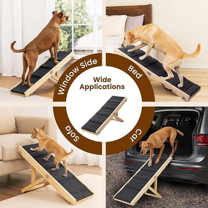 Upgraded 2026 MYUNIK Adjustable Small Dog Ramp 37.8" Foldable Solid Wood Pet Small Ramp with 5 Heights 13.6–21.5", Non-Slip Carpet Handle Ramp for Bed Couch Sofa & Car