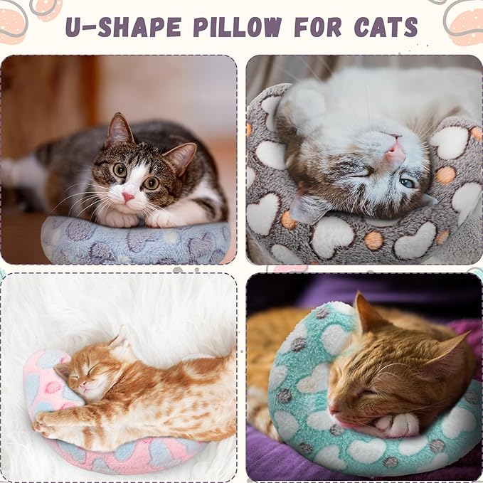 Sweetude 4 Pcs Pillows for Cats Puppy Bed Fluffy Pet Calming Soft Gifts Half Donut U Shaped Pet Neck Pillow Training Joint Relief Cervical Protection(Heart,Medium)