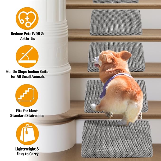 40D Dog Ramp for Stairs for Small & Senior Dogs and Cats – Non-Slip Stair Ramp for Dogs with Gentle Slope, Pet Ramp with Washable Cover & Self-Sticky Pads for Safe Climbing Easy Install(Grey, 3 Pack)
