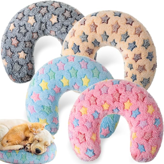 Sweetude 4 Pcs Pillows for Cats Puppy Bed Fluffy Pet Calming Soft Gifts Half Donut U Shaped Pet Neck Pillow Training Joint Relief Cervical Protection(Star,Large)