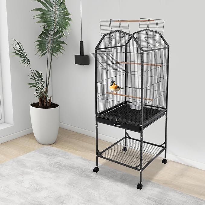 Bird Cage, Open Top and Rolling Stand Medium Small Bird Cage, Bird Cages with Universal Wheels for Parrots, Budgerigars, Parakeets, Cockatiels, Lovebirds, 18 x 18 x 53.9 Inch (Black)