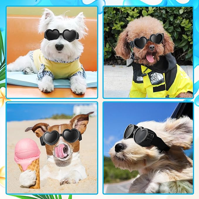 Small Breed Dog Sunglasses, UV Protection with Adjustable Strap, Heart-Shaped Goggles for Waterproof, Windproof, Anti-Fog Eye Protection, Beach Accessories (Black)