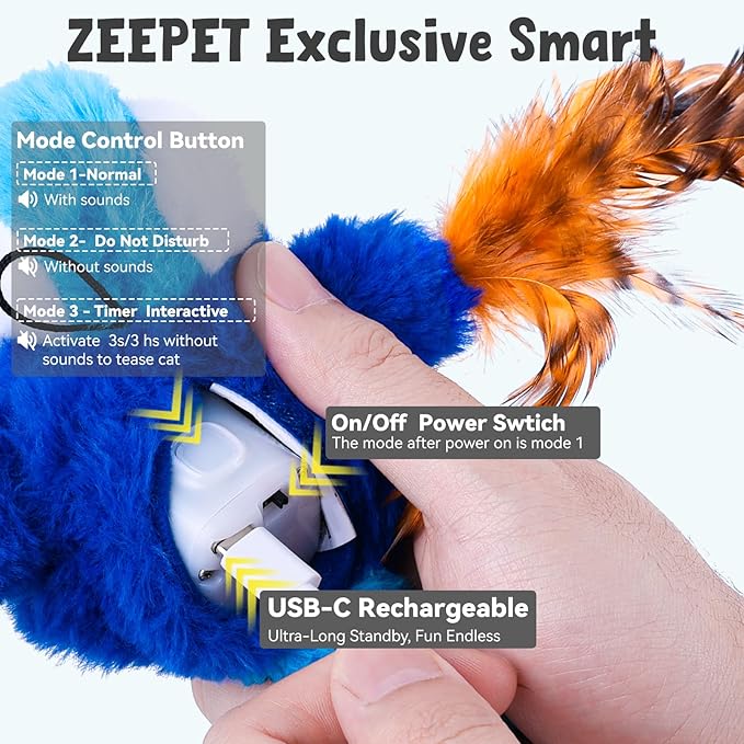 Cat Toys Flapping Bird, Catnip Toys for Indoor Cats Interactive Automatic Kitten Toy Kicker - Baby Plush/Feather/Crinkle, Rechargeable 4 Sounds/Off, Timed & Touch Activated, Clip & Hanging Rope