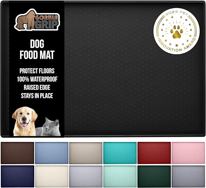 GORILLA GRIP 100% Waterproof Raised Edge BPA Free Silicone Pet Feeding Mat, Dog Cat Food Mats Contain Spills Protects Floors, Placemats for Cats and Dogs Water Bowl, Pets Accessories 32x24 Black