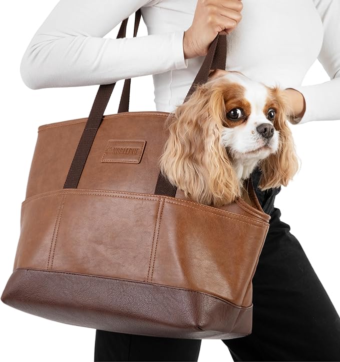 Faux Leather Dog Carrier for Small Dogs, Water-Resistant Designer Dog Purse with Safety Harness, Fashion Pet Carrier for Dogs 5-15 lbs, Luxury Dog Shoulder Carrier, Brown