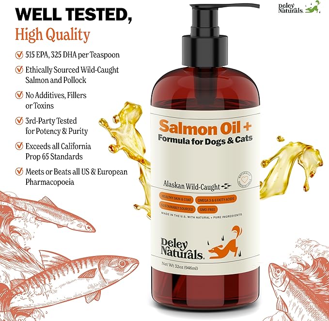 Deley Naturals Wild Alaskan Salmon Oil for Dogs & Cats - New and Improved Salmon Oil Plus Formula - Fish Oil for Dogs with Omega 3, DHA and EPA - Omega 3 for Healthy Skin and Coat - 32oz Made in USA