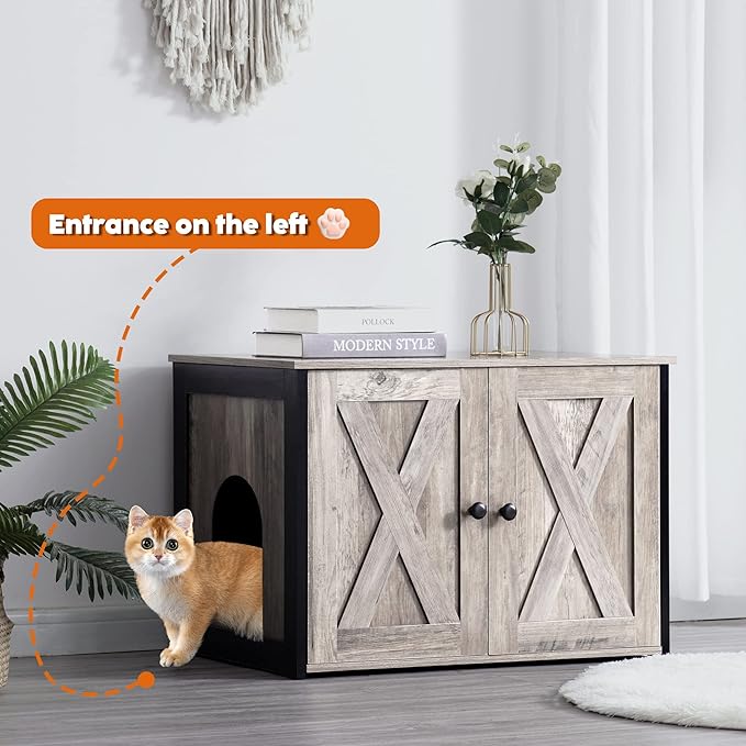 Dwanton Litter Box Enclosure, Cat Litter Box Furniture Hidden, Reversible Entrance Can Be on Left or Right Side, Wooden Cat Washroom Indoor, Greige, 27.6 Inches