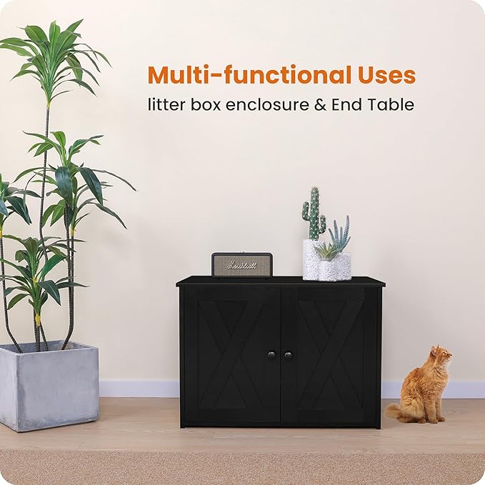 Dwanton Litter Box Enclosure, Cat Litter Box Furniture Hidden, Reversible Entrance Can Be on Left or Right Side, Wooden Cat Washroom Indoor, Black, 27.6 Inches
