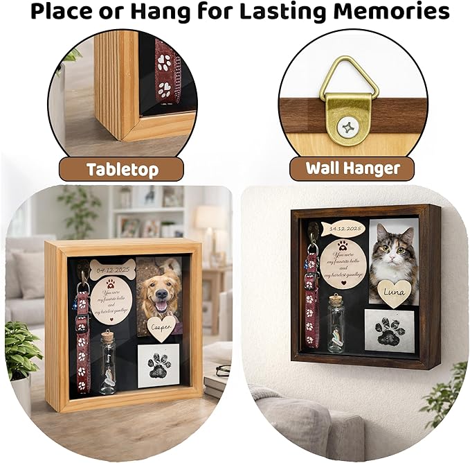 8.6'' Pet Memorial Shadow Box, Natural Collar Holder Picture Frame, Paw Print Kit, Dog Wooden Sculpture, Pet Hair Fur Jar, Cat Memorial Keychain, Dogs Sympathy Card, Gift for Pet Lovers PSD-4N
