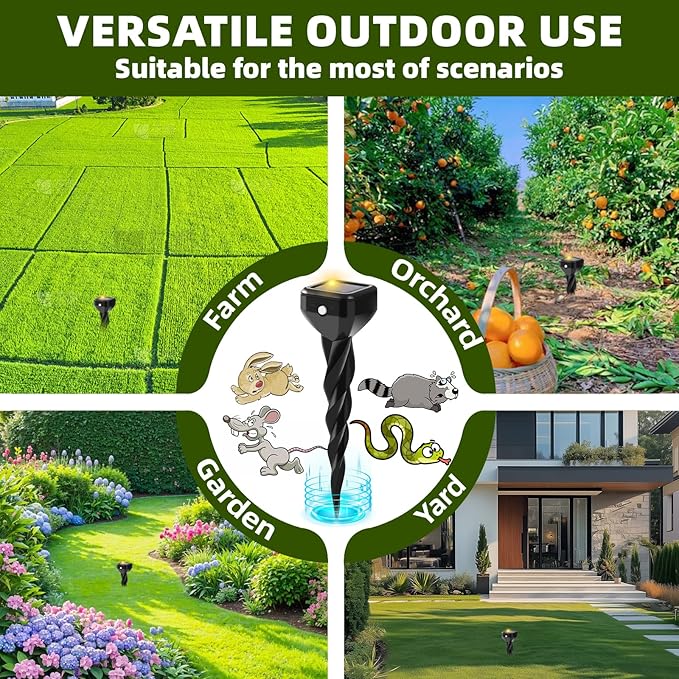 2026 Upgraded Mole & Snake & Skunk & Rabbit Repellent Solar Powered, Ultrasonic Deterrent, IP65 Waterproof, Effective Get Rid of Gopher Raccoon Vole Groundhog Chipmunk for Yard Lawn Garden, 4-Pack
