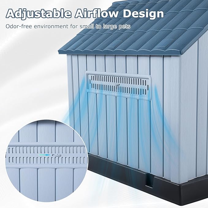 LEMBERI Plastic Dog House for Medium Dogs, Durable Waterproof Indoor Outdoor Doghouse with Air Vents and Elevated Floor, Easy to Assemble (Light Blue, 33.5" L x 31.5" W x 33.9" H)
