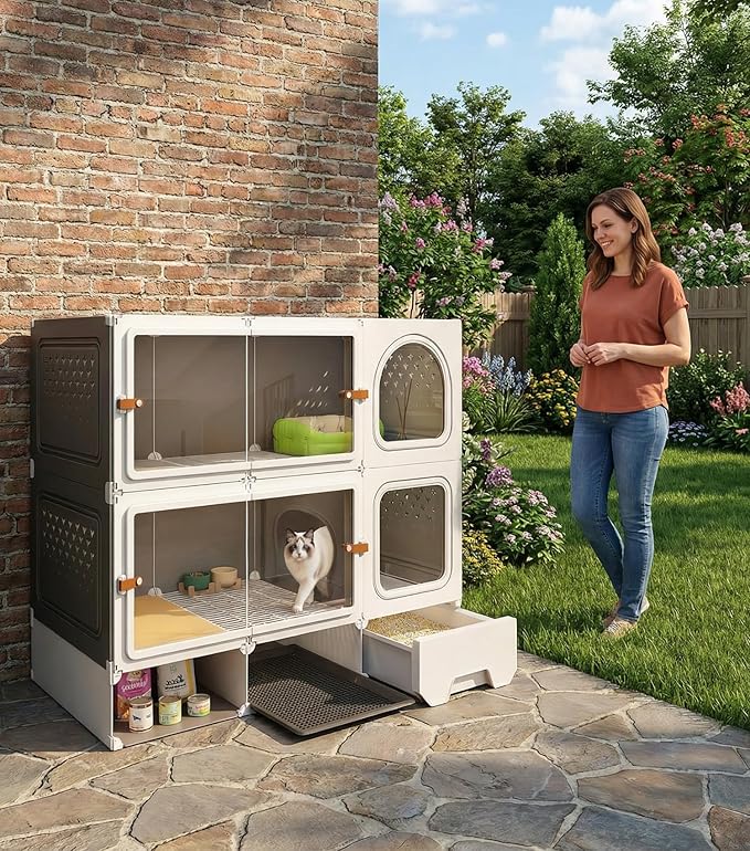 Cat Cage Cat Enclosure with Litter Box & Clear Sliding Door, Expandable Cat Playpen, Detachable Metal, Cat Cage Indoor and Outdoor, Ferret Cage, Rabbit Cage (Two Layers with Storage Space)