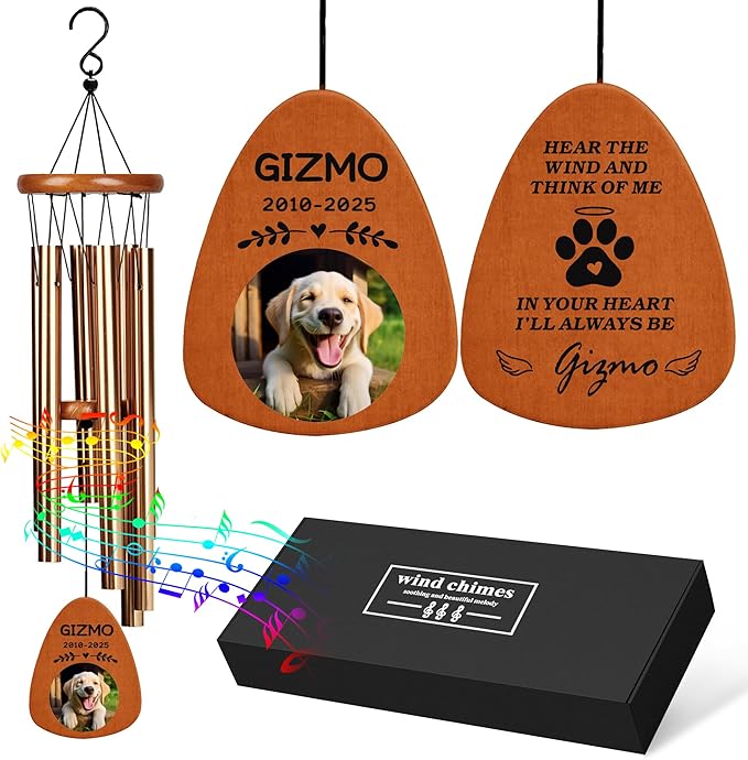 Personalized Pet Memorial Wind Chimes with Photo Pet Memorial Gifts for Dogs Pet Bereavement Gifts Custom 25.5 Inch Wind Chimes for Garden Patio for Loss of Dog Cat Puppy (Champagne Gold, Design 4)