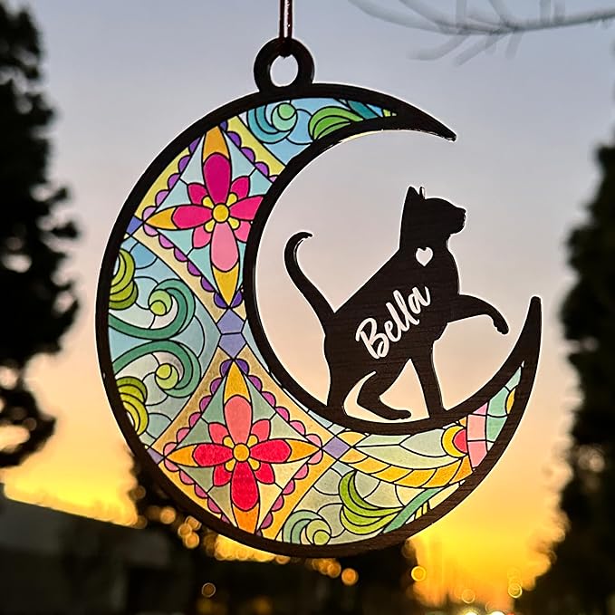 GIFTBYGIFTY Cat Memorial Suncatcher Ornaments, Personalized with Name and Breed, Loss of Pet Sympathy Gift for Cat Lovers, 3.5in Stained Glass Look Acrylic Ornament