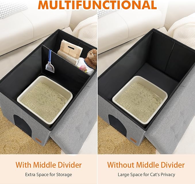 Cat Litter Box Enclosure Furniture for Odor Control, Hidden Cabinet Cats Litter Ottoman with Flip-Up Lid,Cat Litter Box Bench with Storage Space, Dog Proof (Light Grey, X-Large)