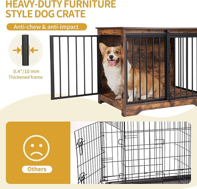 31.9" Dog Crate Furniture with Barn Door, Heavy Duty Dog Kennel Indoor with 2 Doors, Wooden Pet Cage End Table for Small Medium Dogs up to 44 lb, Anti-Chew Anti-Escape, Rustic Brown DFC83601B