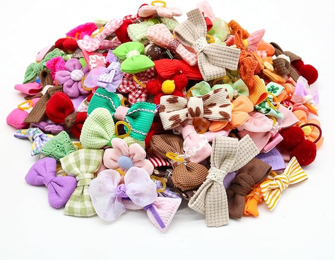 Mruq Small Dog Hair Bows with Rubber Bands, Mix Handmade Cute Puppy Gooming Flower Ball Bows for Holiday Daily Accessories (A339)