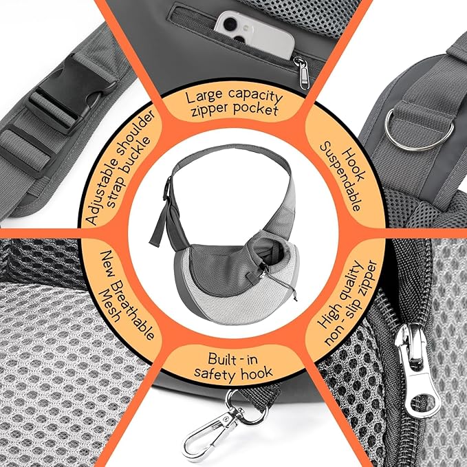 YUDODO Pet Sling Carrier for 2-5 lbs Small Dogs & Cats – Hands-Free Puppy Carrier with Safety Hook, Large Zipper Pocket, Soft Breathable Mesh, Adjustable Strap & Reflective Strip (Gray 1.0 S)