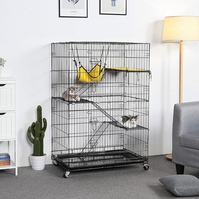 Yaheetech 49'' Collapsible Cat Cage 4-Tier Metal Cat Kennel Ferret Enclosure Chinchilla Cage with Rotating Casters/Ramp/Ladders/Hammock for Indoor Kitten