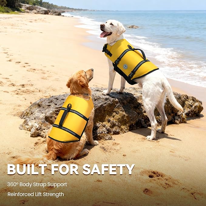 VIVAGLORY Rip Stop Dog Life Vest, Swimming Vest with Handle, Buoyancy for Doggy Puppy, Dog Life Jacket for Swimming & Boating, L, Yellow
