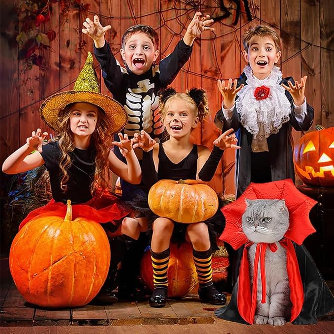 Cat Halloween Costumes, Adjustable Vampire Cape Cloak Accessories for Kitten & Small Dogs, Black Bat Cat Masks Cosplay,C at Outfits Suitable for Halloween, Costume Parties and Other Events