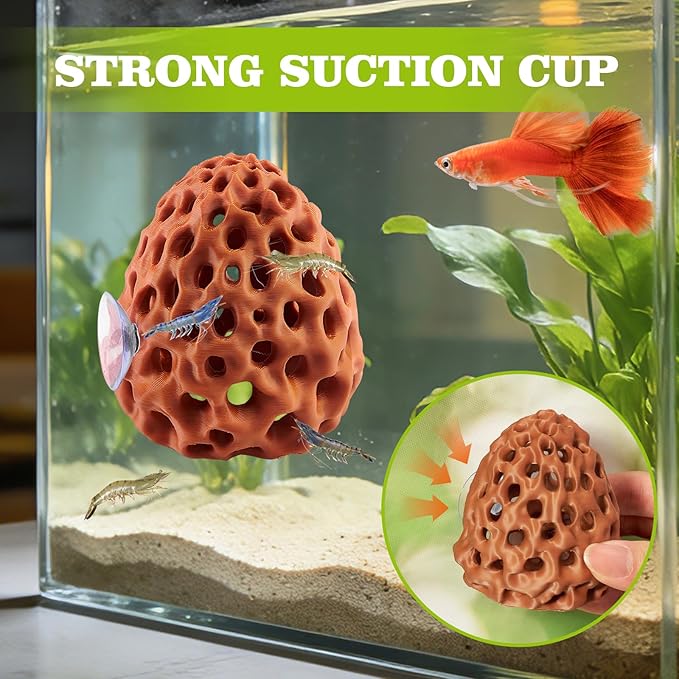 Shrimp Dome Hide, Shrimp Hides for Aquarium, Betta Fish Hideout with Suction Cup, Betta Habitat Tank Ornament Accessories, Aquarium Decor for Small Fish Guppy Hiding Resting (Brown)