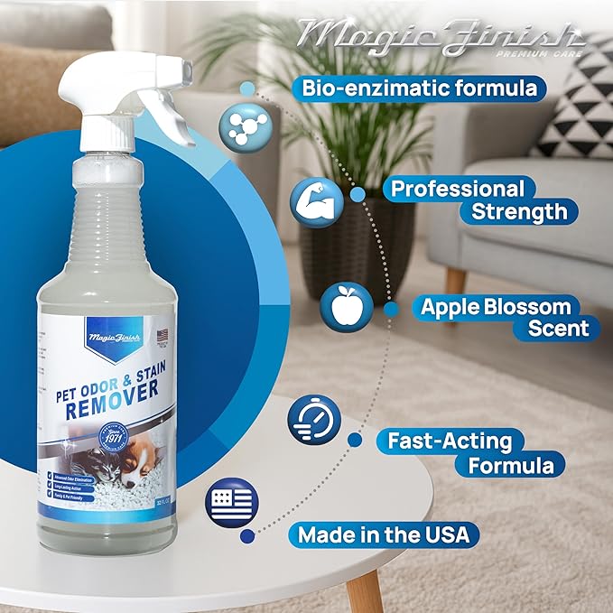 Magic Finish Pet Odor & Stain Remover (32 oz) – Enzyme Cleaner for Dog & Cat Urine, Vomit, and Messes – Kid & Pet-Friendly Rug & Multisurface Upholstery Deodorizer with Apple Blossom Scent