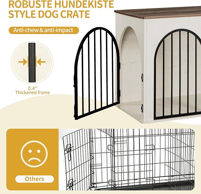 44.1" Wooden Dog Crate Furniture, Indoor Dog Kennel Dogs Cage for Small/Medium/Large Dogs, Heavy Duty Dog Crates Decorative Pet House End Side Table TV Stand, White Brown DFC83914B