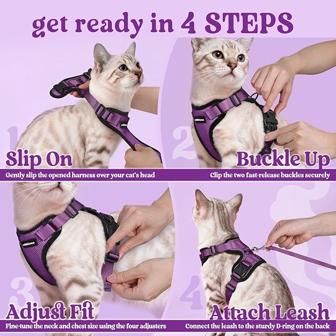 rabbitgoo Cat Harness and Leash for Walking, Escape Proof Soft Adjustable Vest Harnesses for Cats, Easy Control Breathable Reflective Strips Jacket, Purple, M