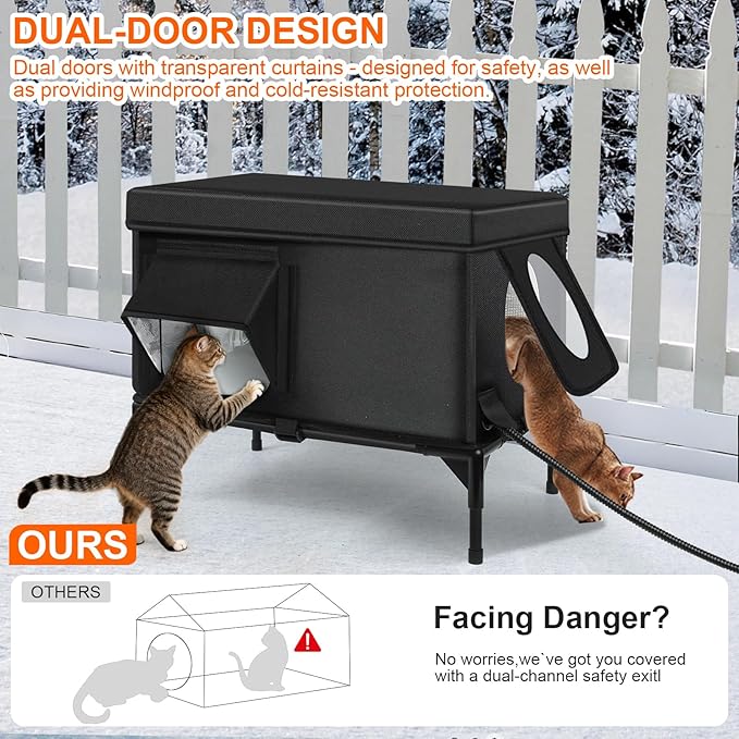 Heated Outdoor Cat House Weatherproof with Heating Pad, Heated Cats House for Outside, Insulated Feral Cat Houses for Outdoor Cats with Safe Escape Door, Elevated Outside Stray Cats Shelter(M)