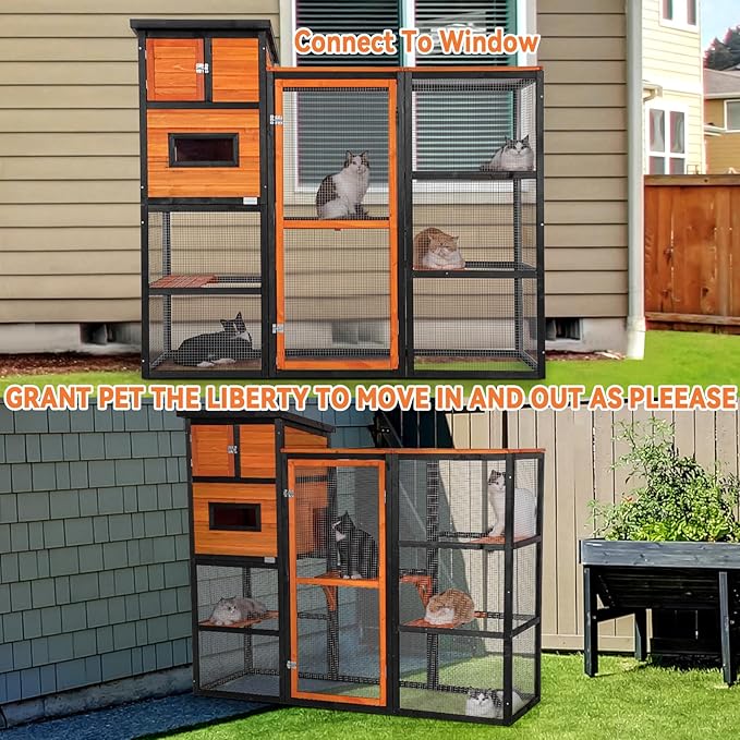 Petsfit Catio Outdoor Cat Enclosure, Cat Catio Outdoor with 4 Tries, 2 Resting Room, 4 Platforms and Waterproof Roof, Orange