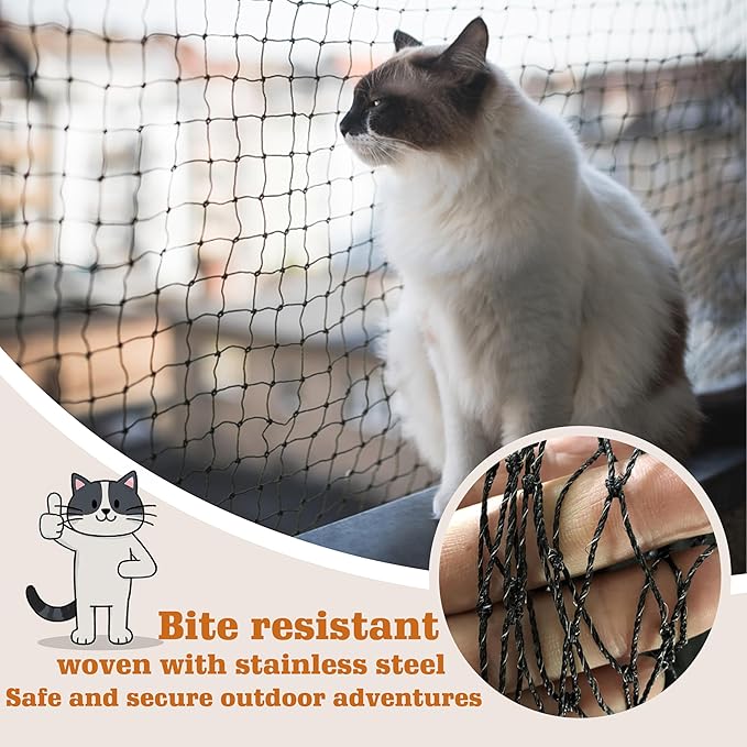 Cat Netting,Balcony Netting for Pets,Steel Wire Reinforced Balcony Screen for Pets, Anti-Fall Cat Net for Balcony and Windows,Stair, Patio（Black,10 * 20ft）