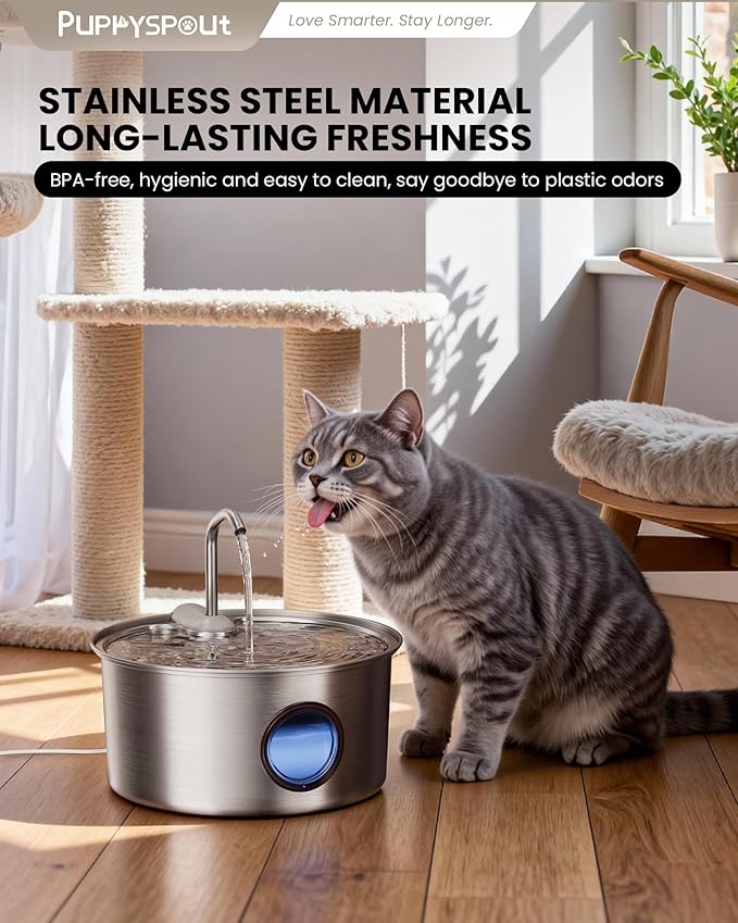 Cat Water Fountain Stainless Steel - 108oz/3.2L Automatic Cat Water Fountain for Drinking with 10PCS Filters, Metal Pet Water Fountain Water Dispenser for Cats, Puppy, Multiple Pets