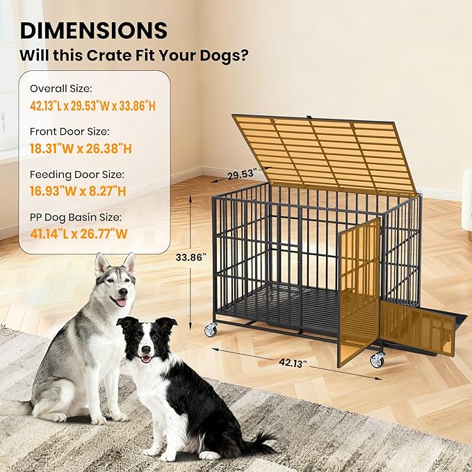 42 Inch Heavy Duty Dog Crate with Wheels, Escape Proof Metal Kennel with 3 Doors & Removable Tray for Large Medium Dogs, Black