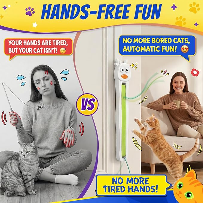 Interactive Cat Toys for Indoor Cats - Automatic Cat Toys with Motorized String Action, Sticking Door/Walls Electric Enrichment Stimulation Kitty Toy for Bored Indoor Adult & Kitten Cats (White)