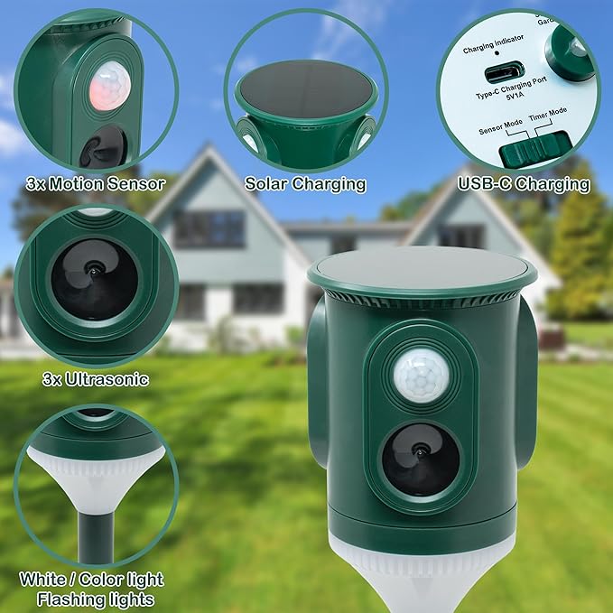360° Solar Ultrasonic Animal Repellent Outdoor Motion Activated Pest Deterrent with Strobe Light, Waterproof Garden Protection for Cats, Dogs, Squirrels, Raccoons,Skunks, Rabbits, Coyotes