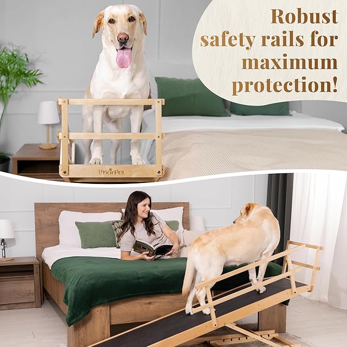 Dog Ramp for Bed with Safety Rails for High Beds up to 37" – Extra Wide 19.5" Adjustable Dog Bed Ramp for Large Dogs up to 200 lbs – Solid Birchwood, Non-Slip Rubber Surface, Foldable Design – Natural