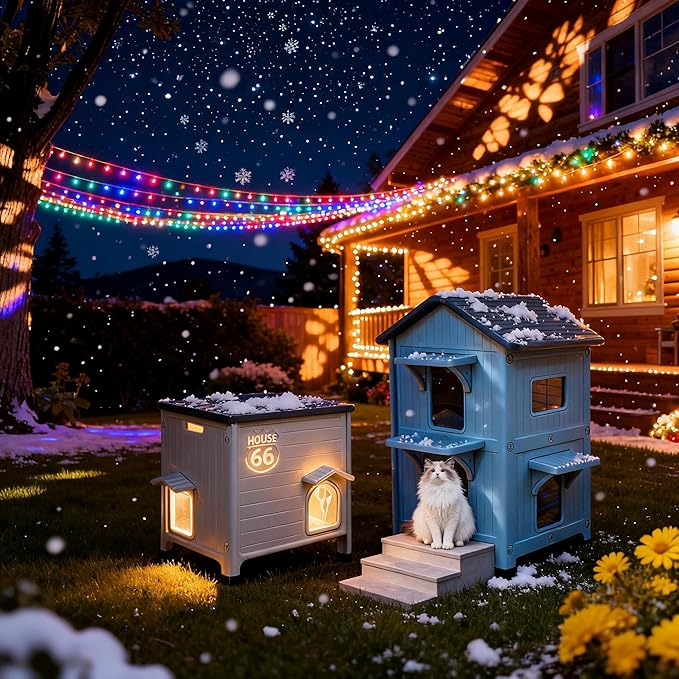 Weatherproof Outdoor Cat House for Feral Multi Cat, 2 Storey Insulated Elevated Plastic Cat Shelter with Escape Door, Easy Assemble, Expansive Interior‌ White 34" D x 21" W x 21.5" H