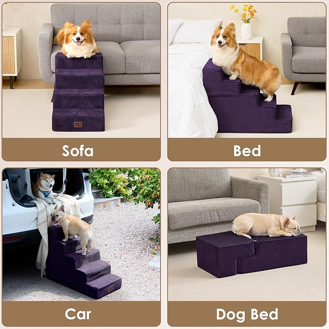 EHEYCIGA Dog Stairs for High Bed 22.5" H, 5-Step Dog Steps for Bed, Pet Steps for Small Dogs and Cats, Non-Slip Balanced Pet Ramp Indoor, Purple