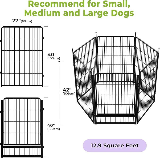 SunsGrove Dog Playpen Outdoor, Heavy Duty 40 Inch 6 Panels with Wider Door for Medium and Large Dogs, Free and Safe Play Dog Fence Indoor, Black