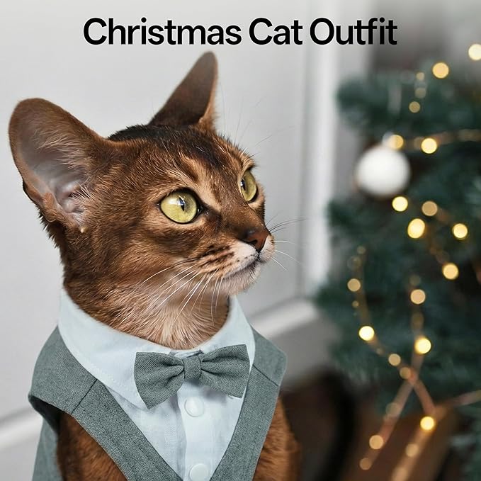 PUMYPOREITY Cat Tuxedo Suit Formal Wear with Bow Tie, Soft Skin-Friendly Cat Costumes for Cats Only, Elegant Outfit for Male Female Cats, Perfect for Wedding Birthday Photo Shoots, S, Grey