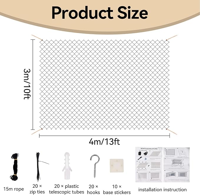 Klmnop Cat Netting Balcony, 10 x 13 ft Steel Reinforced Safety Screen for Pets Anti-Fall, Cat Mesh Fence for Balcony, Window, Stair(Black)